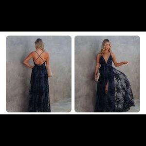 VICI Collection crossing paths velvet tulle maxi dress Navy